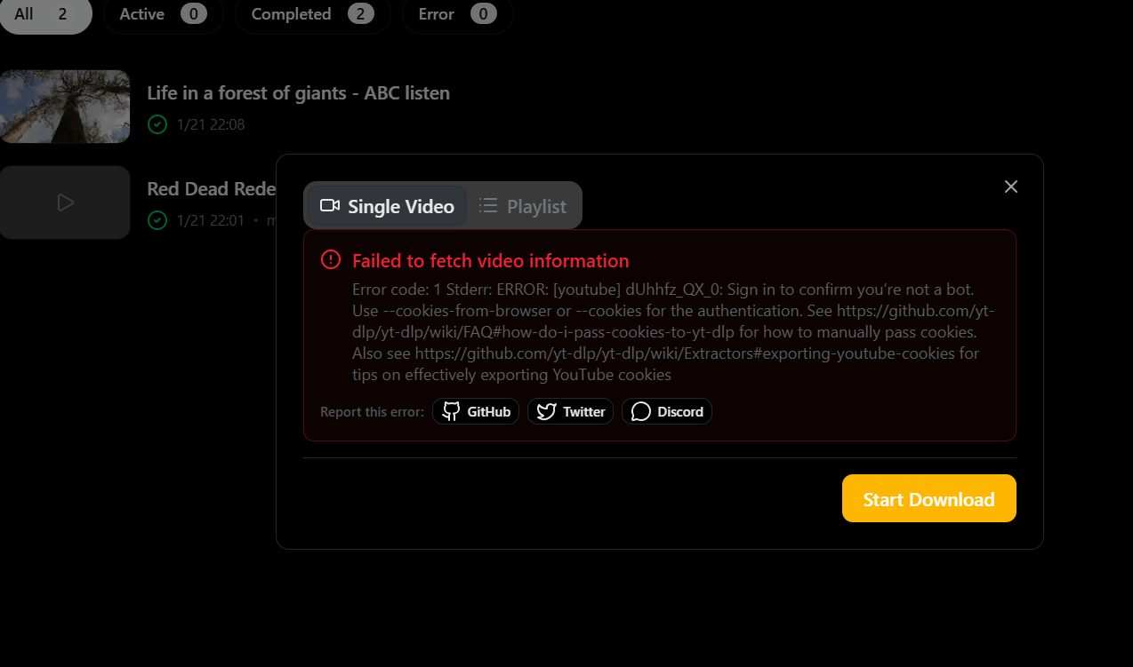 Error message prompting to sign in